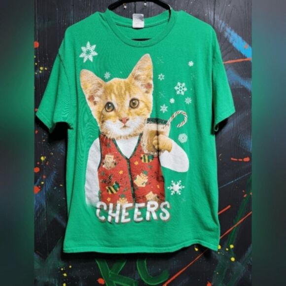 Christmas Cat "Cheers" T-Shirt SZ L #130‎ - Picture 1 of 3